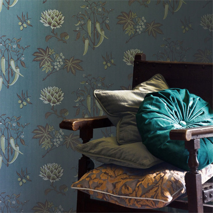 Фото Обои с рисунком - Растение - стиль Английская классика - Бирюзовые - Купить в Интернет-магазине Фото Обои с рисунком - Растение - стиль Английская классика - Бирюзовые - Купить в Интернет-магазине